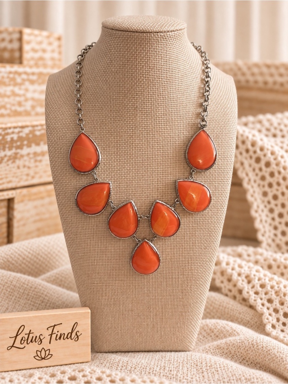 Bold Coral Orange Teardrop Bib Statement Necklace